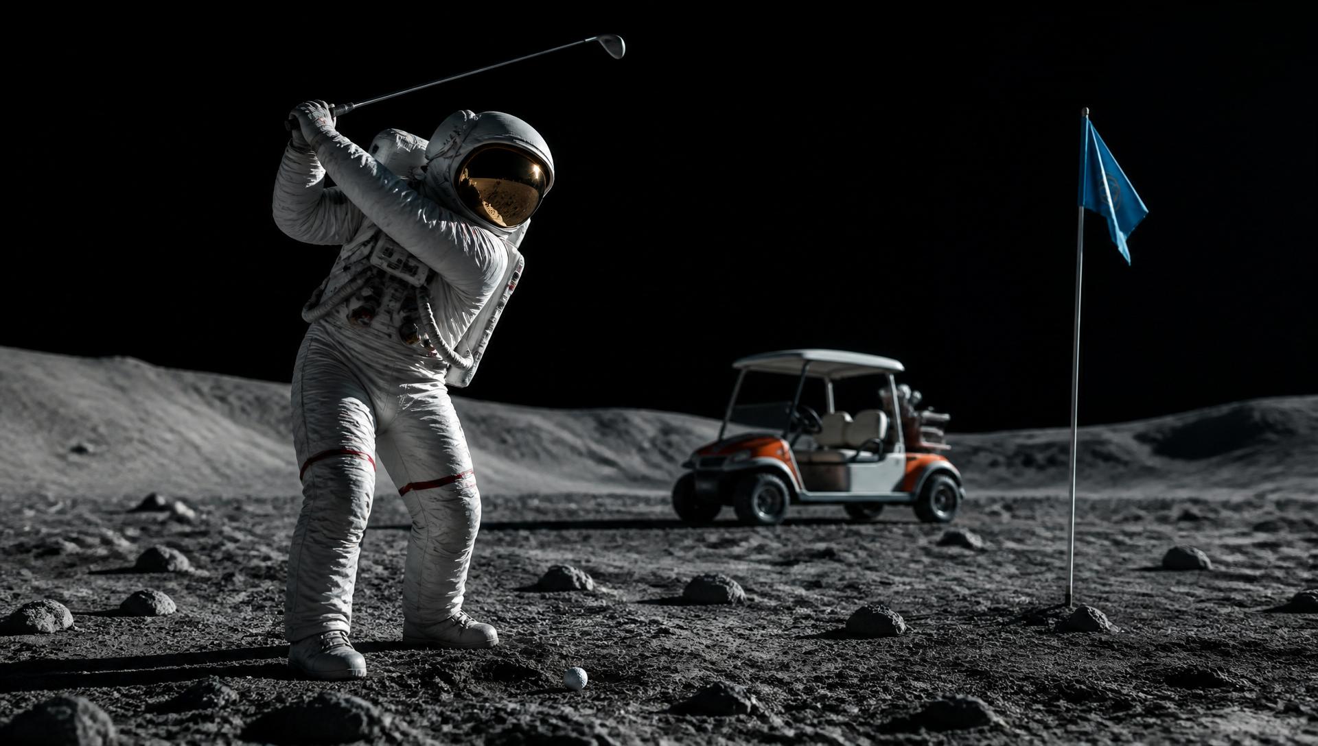 Astronaut swinging a golf club on the moon — Golf Lab24 signature mural